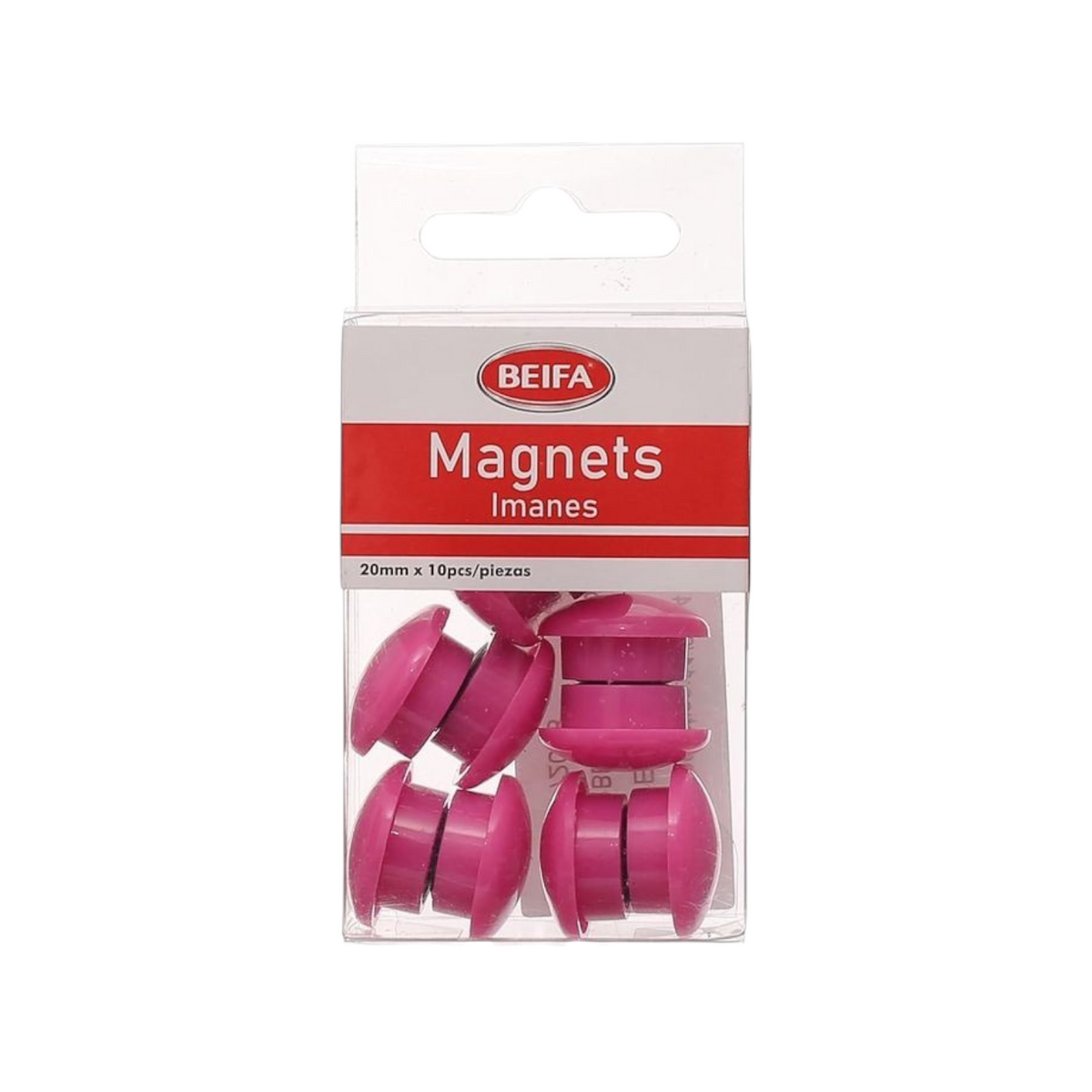 Elite Stationery House Beifa round pink whiteboard magnets, 20mm diameter, pack of 10 pieces in retail packaging.