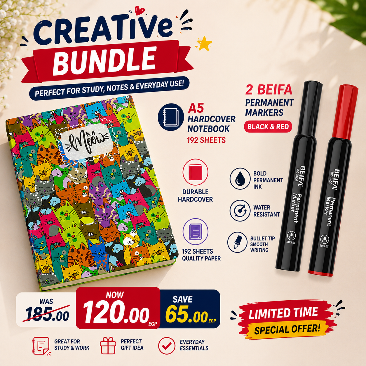 A5 Hardcover Notebook + 2 Beifa Permanent Markers