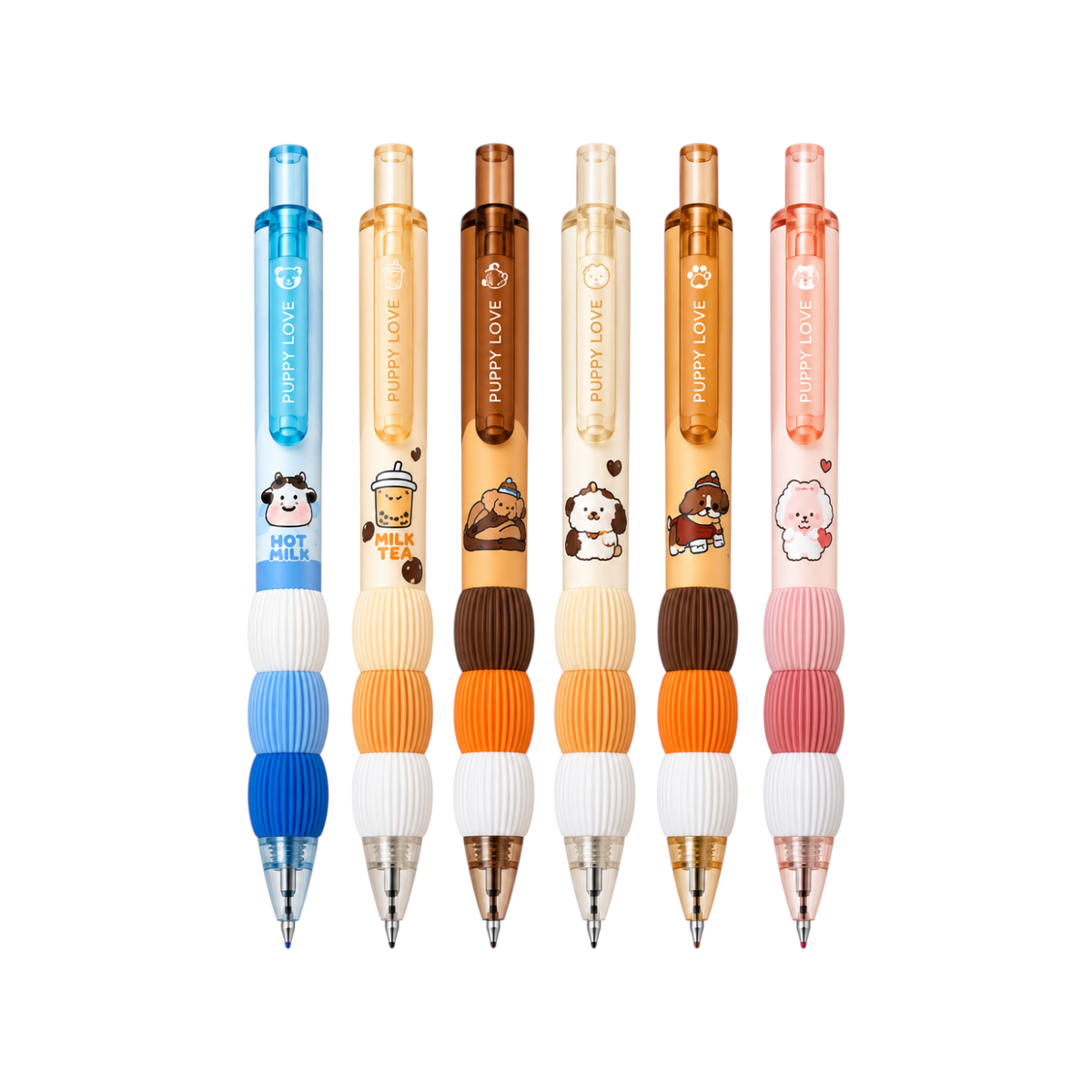 Elite Stationery House set of six colorful retractable gel pens with cute puppy and drink illustrations