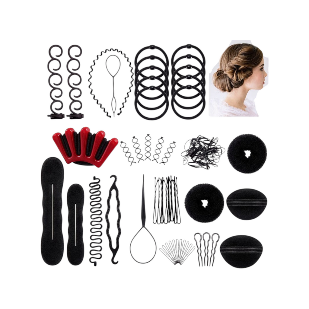Elite Stationery House 53-piece hairdressing tool set with hair rings, pins, ropes, and ponytail makers for styling.