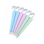 Elite Stationery House umbrella shaped retractable ballpoint pens in pastel blue, pink, and green colors.