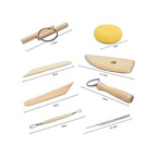 Elite Stationery House 8-piece clay and wax pottery sculpting tool set including wooden tools and a yellow sponge.