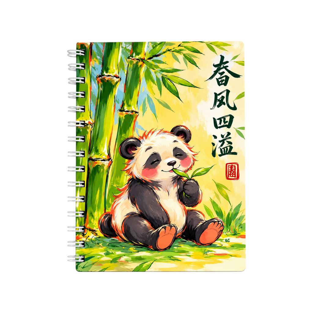 Elite Stationery House A5 spiral notebook featuring a cute panda eating bamboo leaves in a vibrant watercolor style