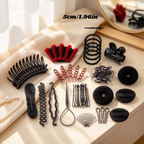 Elite Stationery House 53-piece hairdressing tool set with black and red hairpins, rings, ropes, and styling accessories.