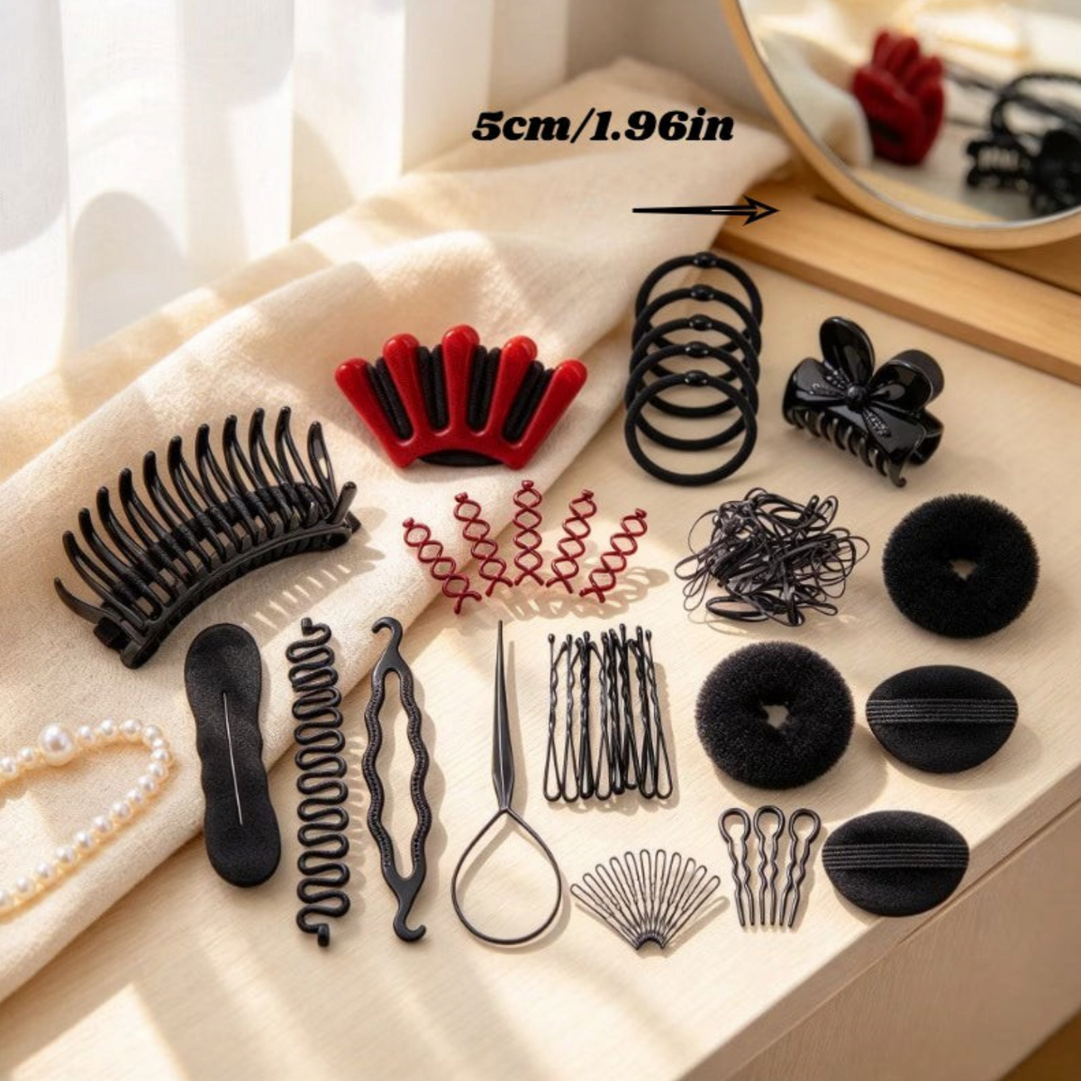 Elite Stationery House 53-piece hairdressing tool set with black and red hairpins, rings, ropes, and styling accessories.