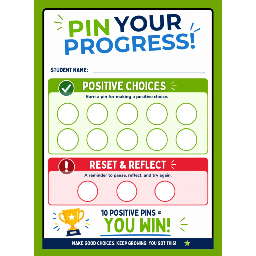 Elite Stationery House Pin Your Progress classroom behavior tracking card with green and red pin spaces for students