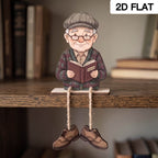 2D Flat, 2pcs Heartwarming Elderly Couple Wooden Seated Figurines,