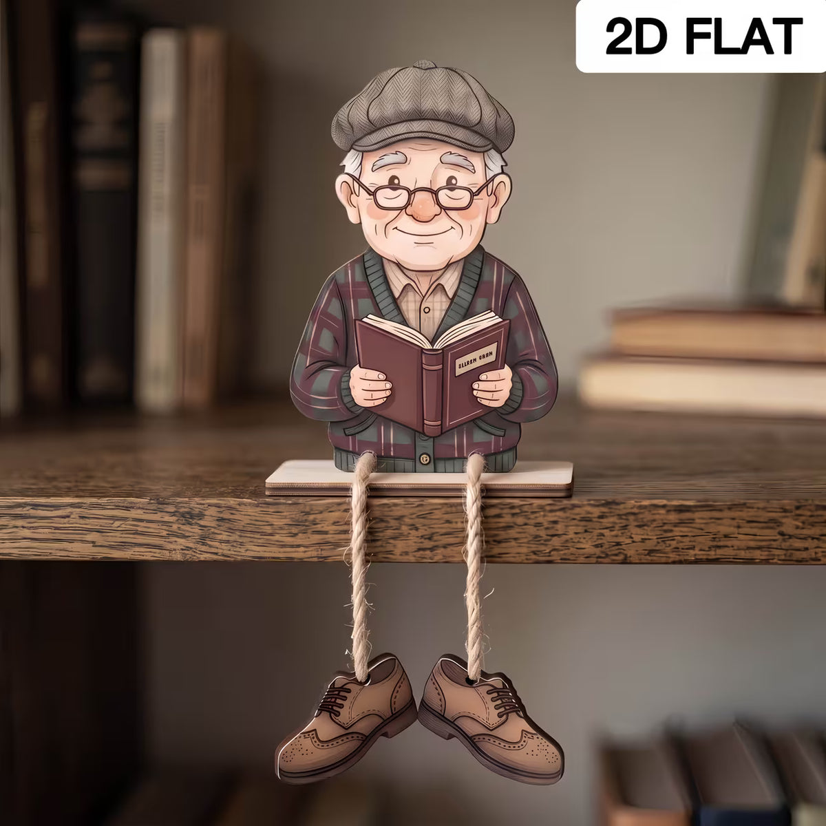 2D Flat, 2pcs Heartwarming Elderly Couple Wooden Seated Figurines,