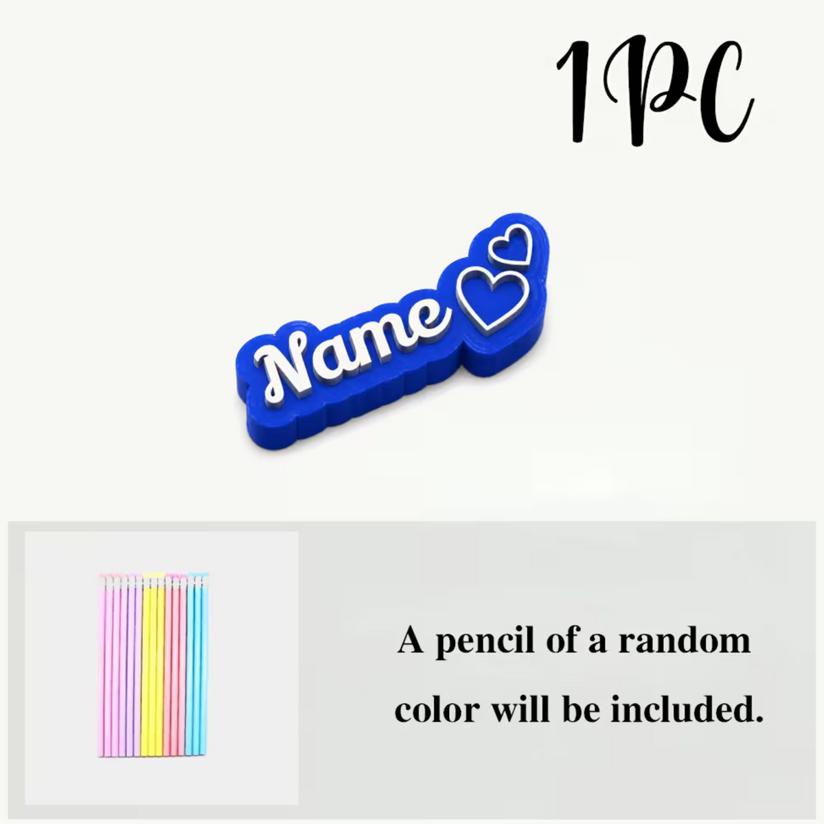 Elite Stationery House personalized 3D printed blue plastic pencil cap with heart design and one included pencil