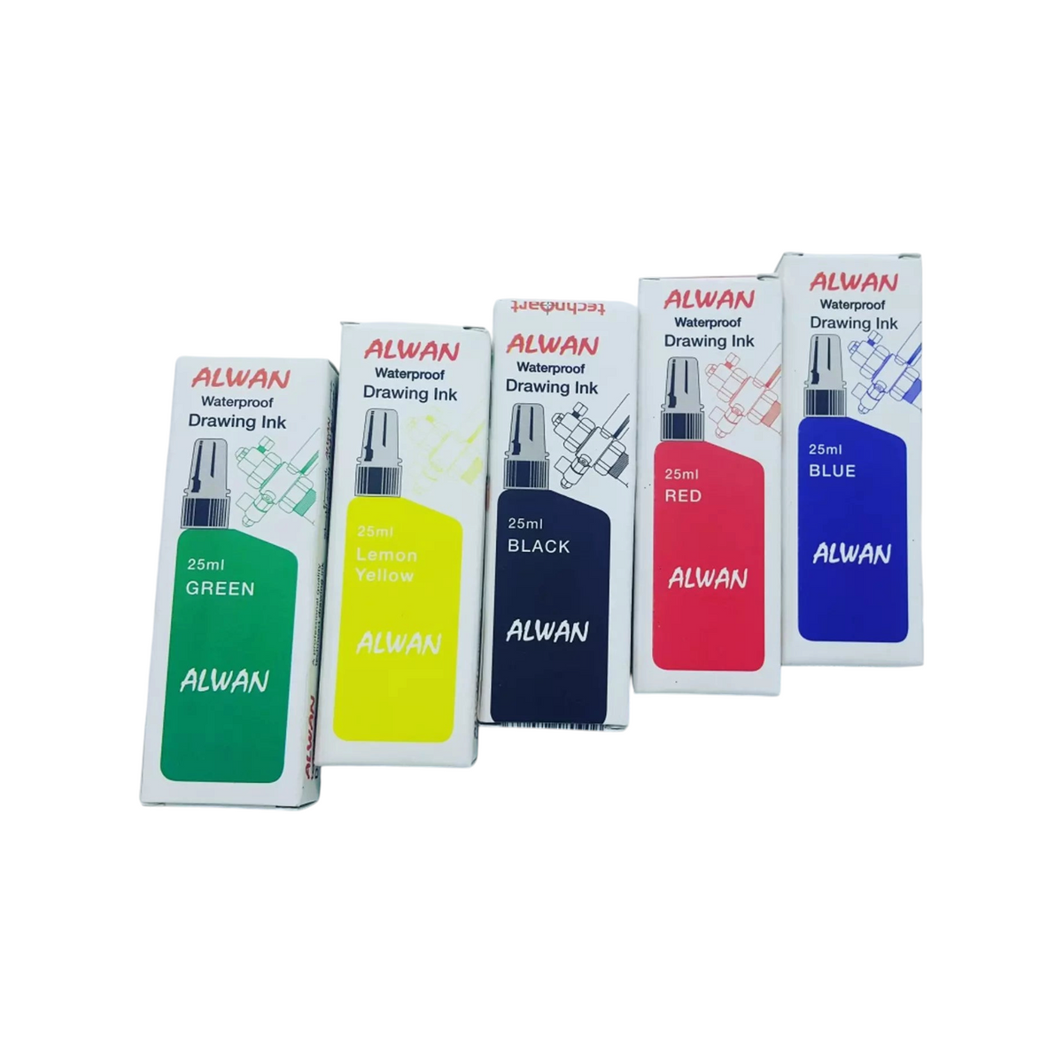 Elite Stationery House Alwan waterproof drawing ink set featuring five 25ml bottles in green, yellow, black, red, blue
