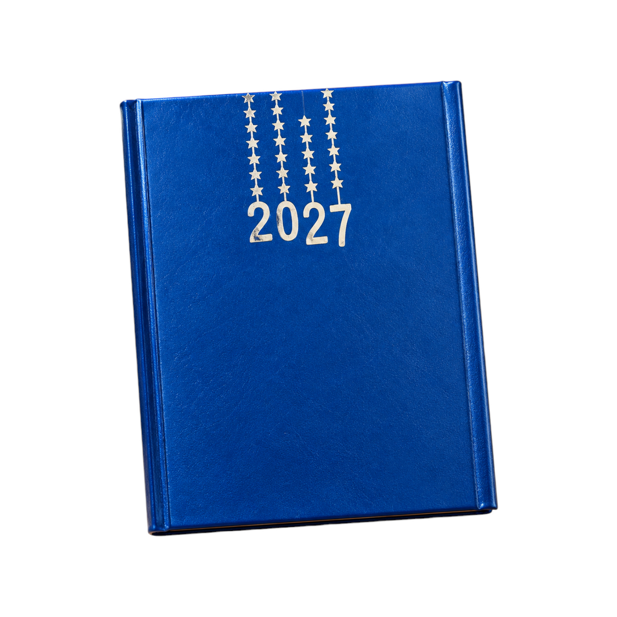Elite Stationery House 2027 royal blue hardcover diary featuring silver star accents on a wooden desk with a pen.