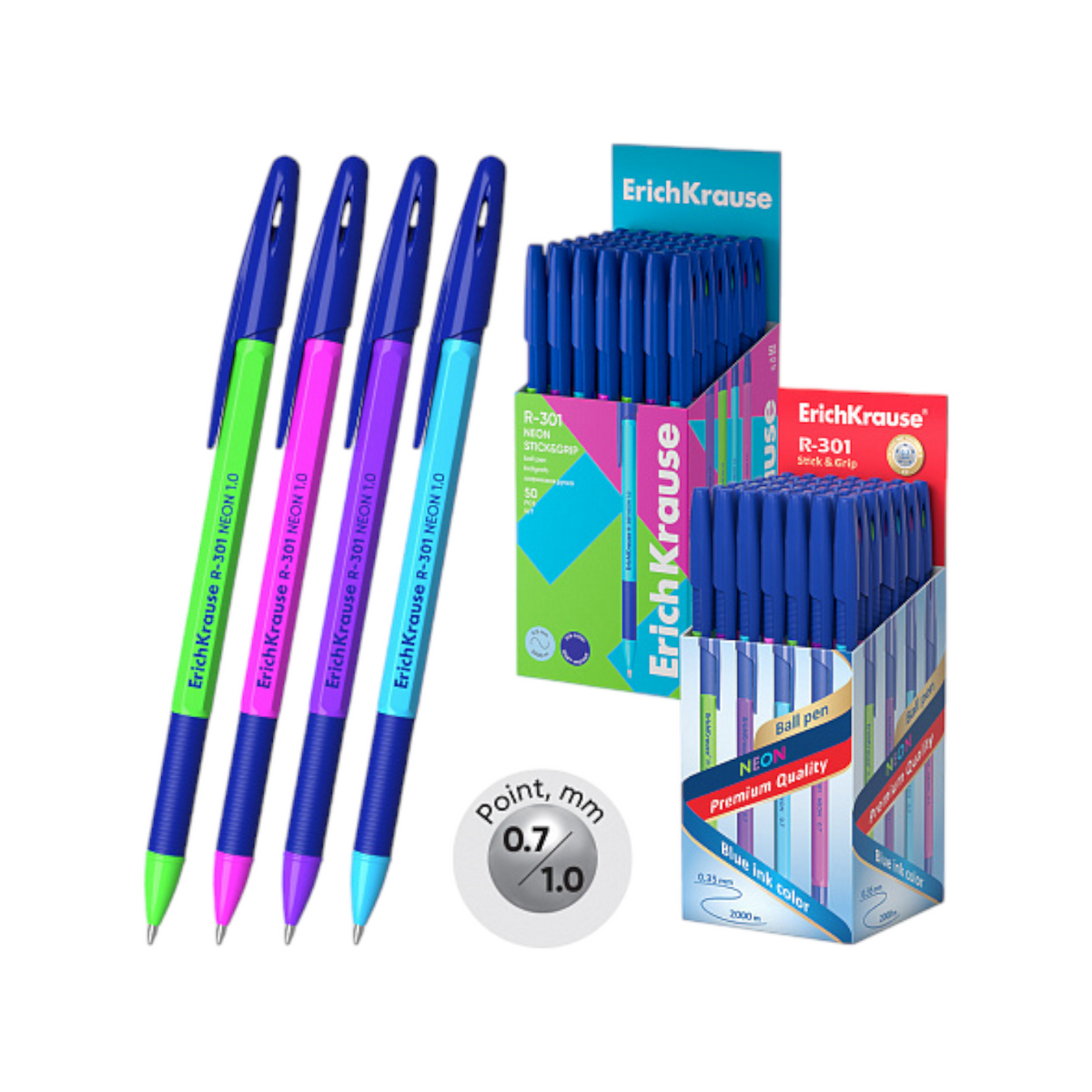Ballpoint pen Erich Krause R-301 Stick & Grip Neon 0.7 Blue / 1 Pen