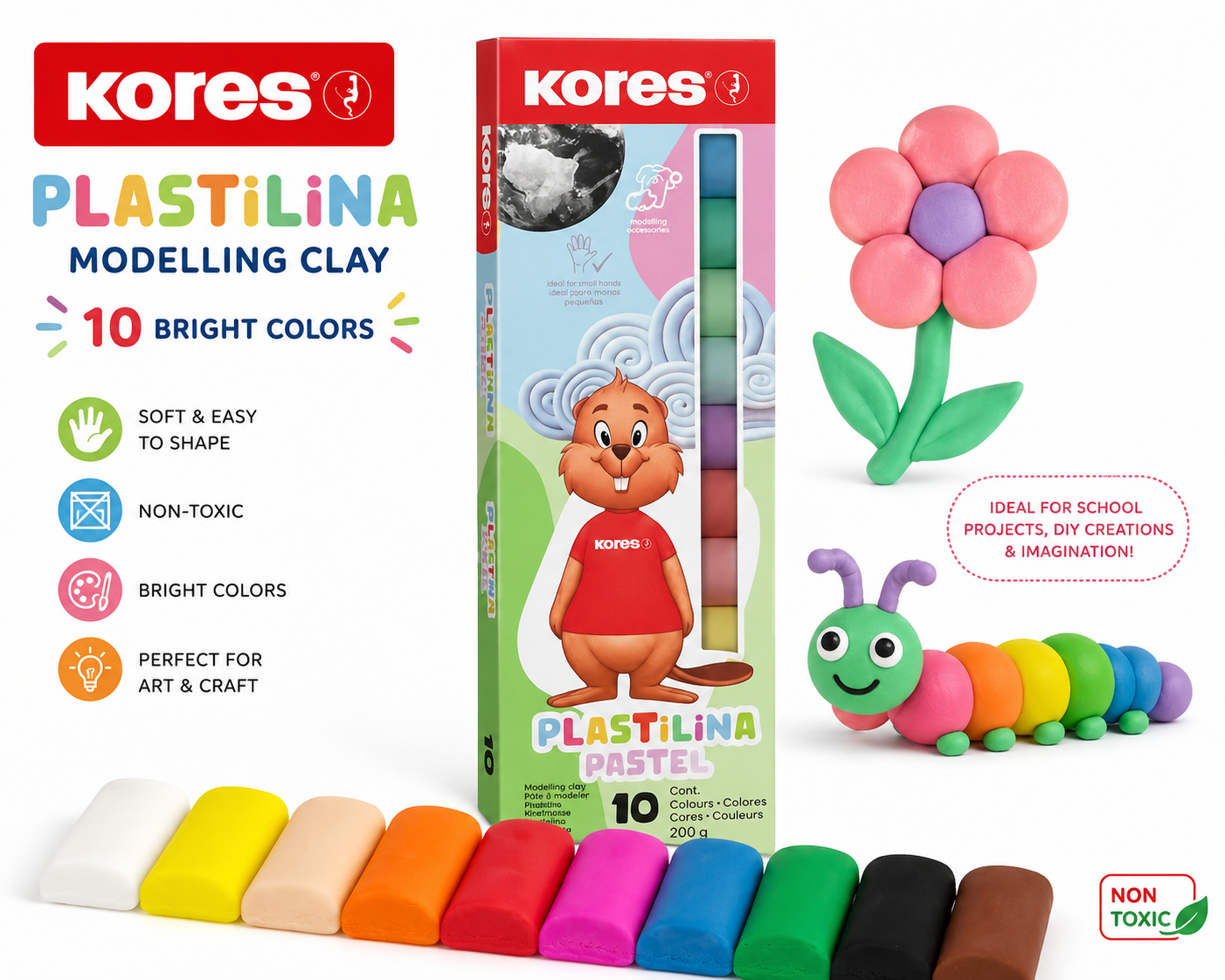 Kores Plastilina Modelling Clay 20g x 10 Bright Colors - 200g