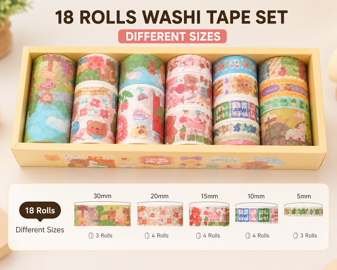 18 Rolls of Washi Tape Different Sizes