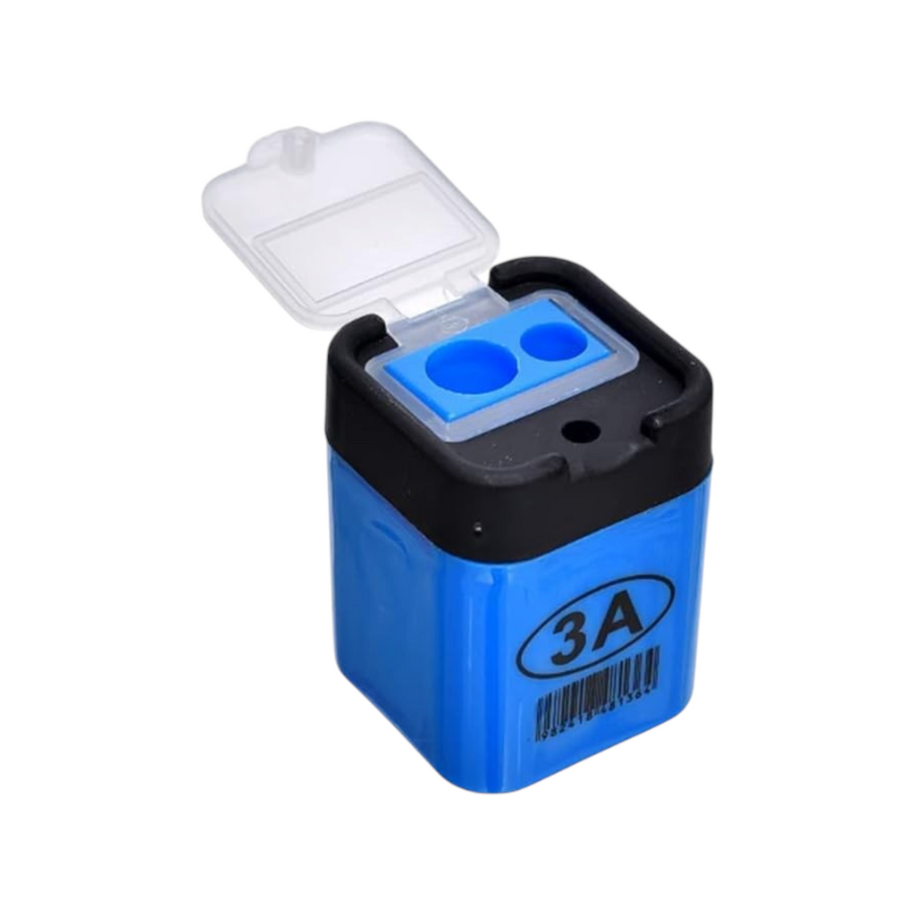 Elite Stationery House blue plastic double pencil sharpener with a square storage box and clear flip lid
