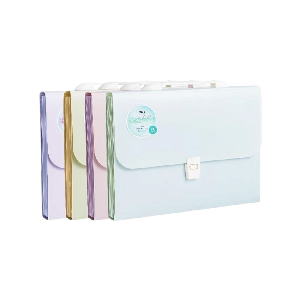 Elite Stationery House Deli EF614 expanding file folders in pastel blue, pink, yellow, and purple for A4 documents.