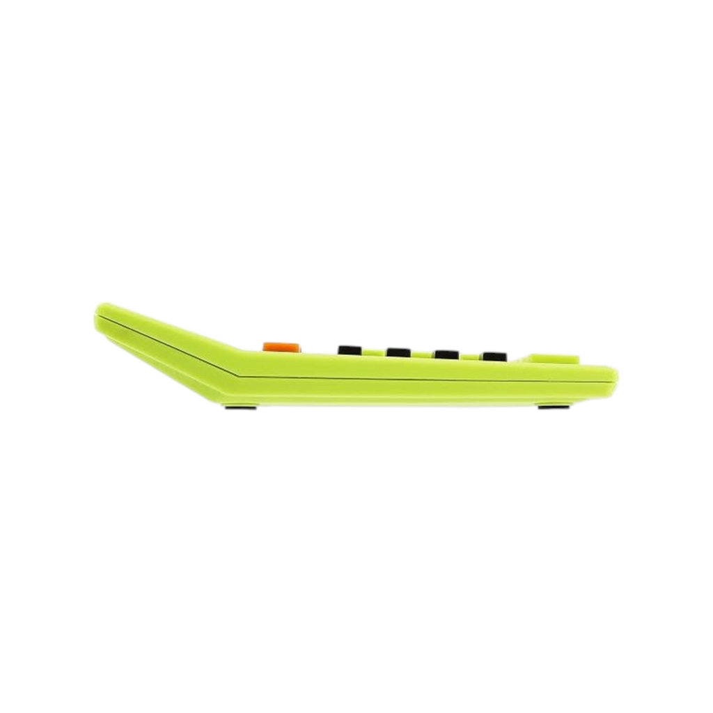 Elite Stationery House Deli 12-digit calculator in bright green, side view showing ergonomic angled design