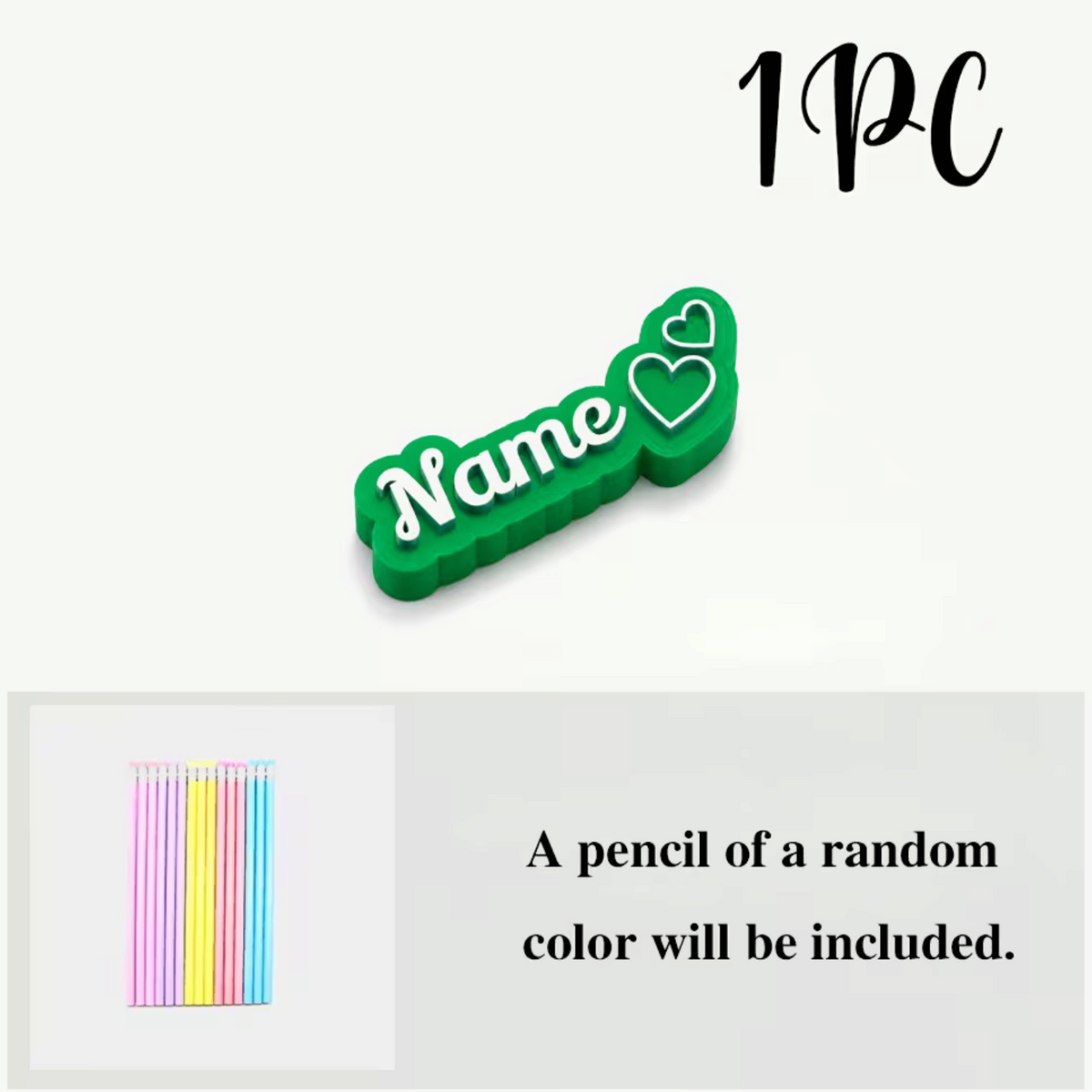 Elite Stationery House personalized 3D green plastic name pencil cap with heart accents and a free pencil included.