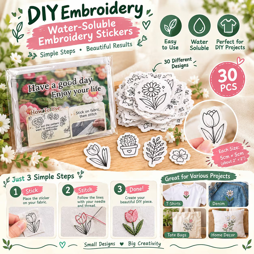 30pcs DIY Embroidery Stickers, Water-Soluble Floral & Botanical Transfer Designs