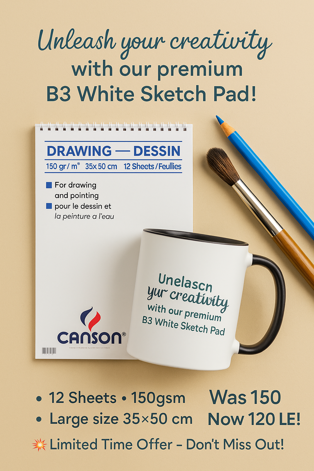 Canson Sketch book, Size 35 * 50 cm, 12 Sheets, White Paper 150 gr