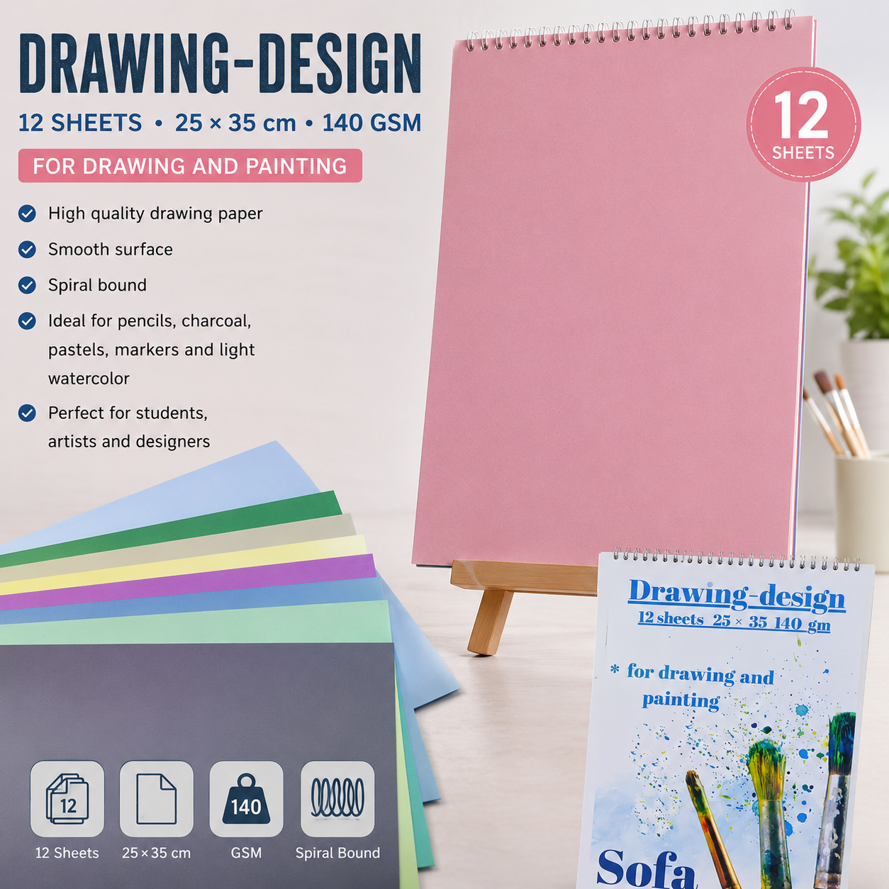 Drawing & Design Colored Sketchbook – 25 × 35 cm