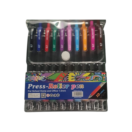 DOMS Press-Roller gel pens in a pack of 10 colors
