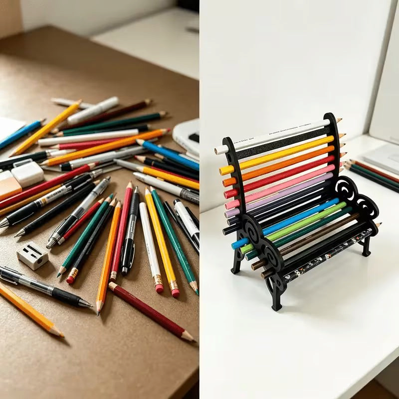 Elite Stationery House 3D printed mini stool pencil holder with colorful pens and pencils on a desk