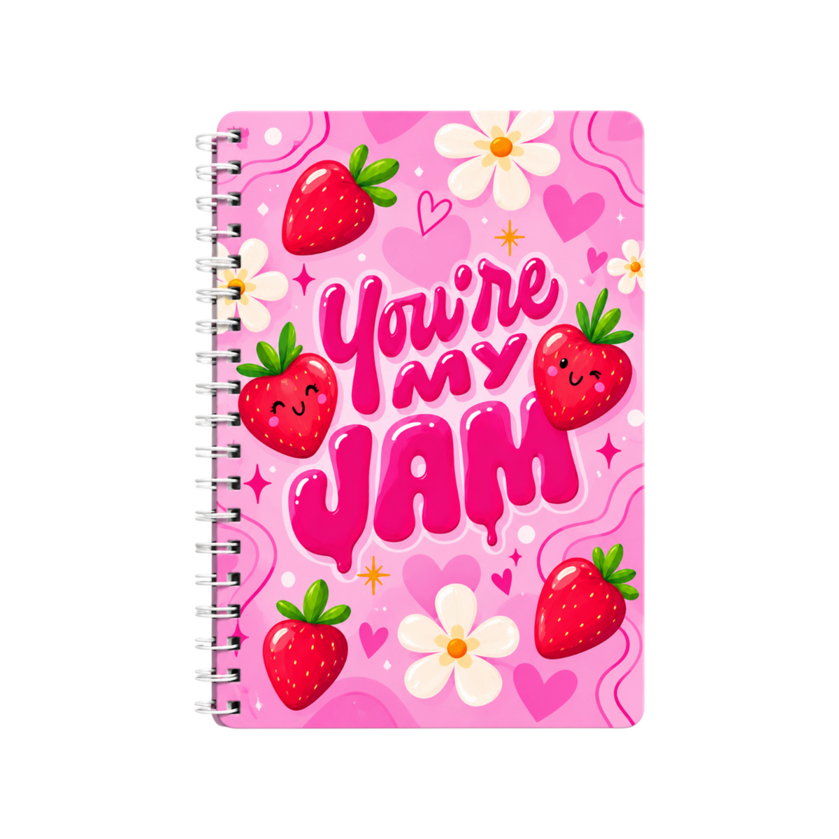 Elite Stationery House A5 spiral notebook featuring a pink strawberry pattern with You're My Jam text and hearts.