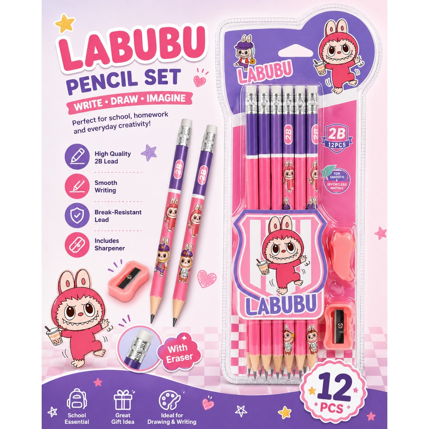 12 Pencils + Sharpener + Eraser Set 14 pcs