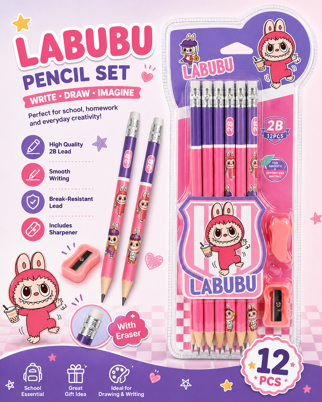 12 Pencils + Sharpener + Eraser  Set 14 pcs