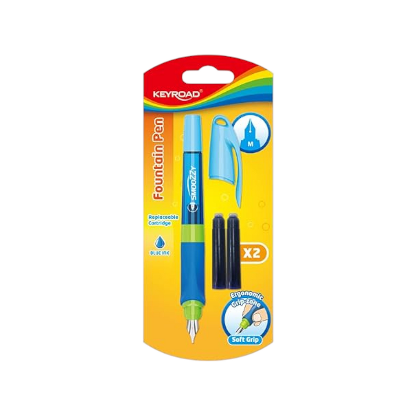 Easy Writer Fountain Pen Ink blue Soft Grip Tip m With 2 Refile Ink Blue