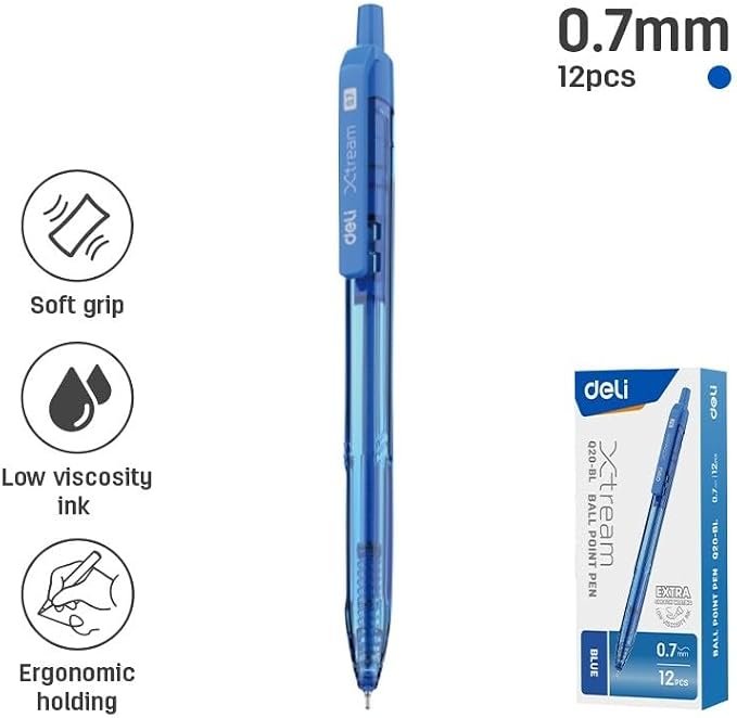 Deli Q20-BL 0.7 mm Tip Ballpoint Pen 12-Pieces, Blue Ink