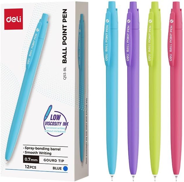 Deli Q53-BL 0.7 mm Tip Ballpoint Pen 12-Pieces, Blue Ink