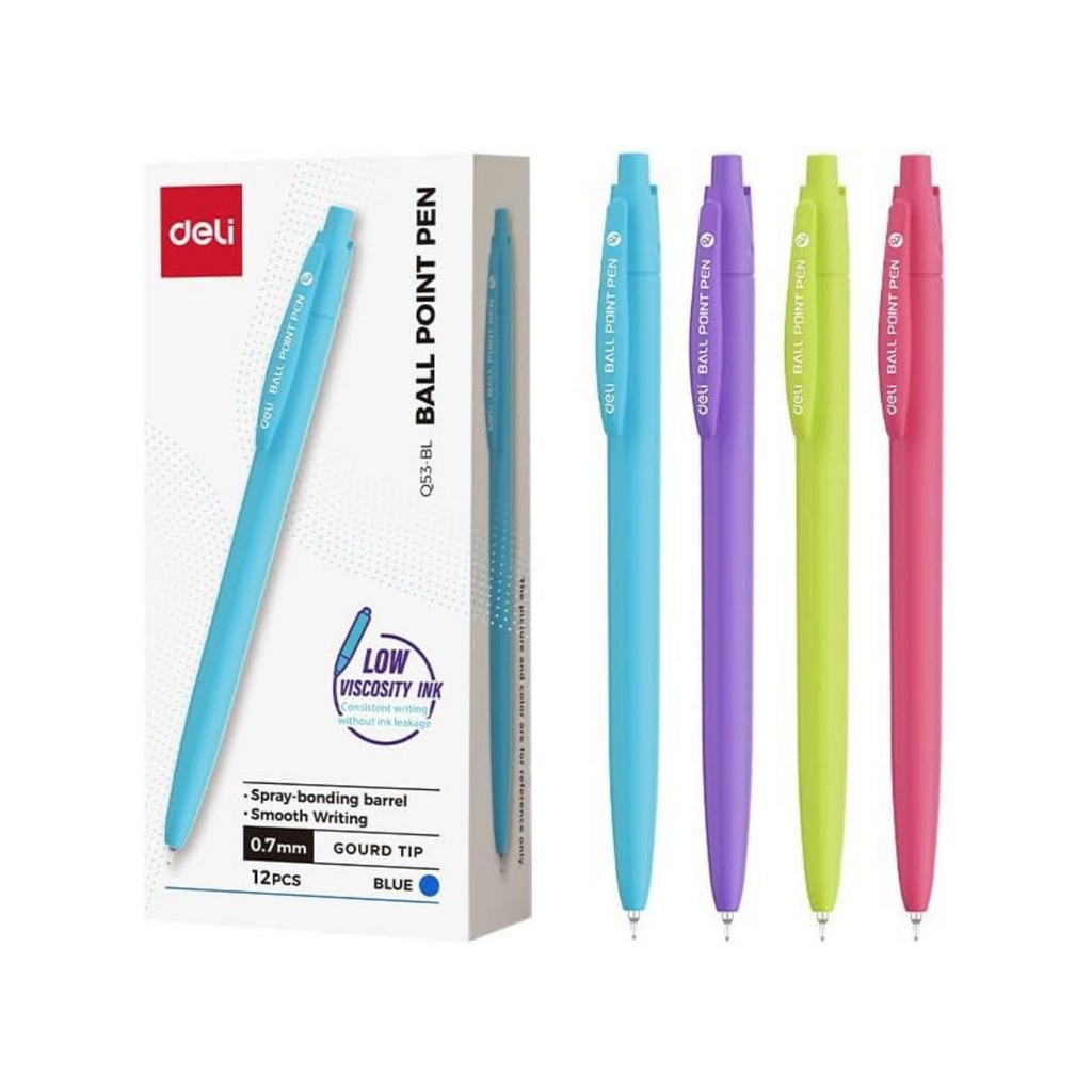 Elite Stationery House Deli Q53-BL 0.7mm ballpoint pens in blue, purple, lime, and pink with a 12-piece retail box.