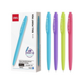 Elite Stationery House Deli Q53-BL 0.7mm ballpoint pens in blue, purple, lime, and pink with a 12-piece retail box.