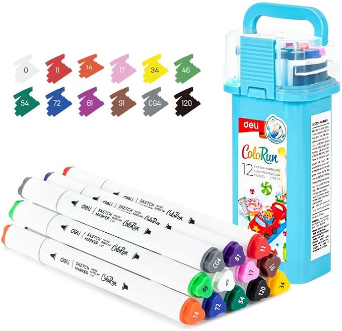 Deli C187-12 ColoRun Sketch Markers with Slim Triangular Barrel Set 12-Pieces