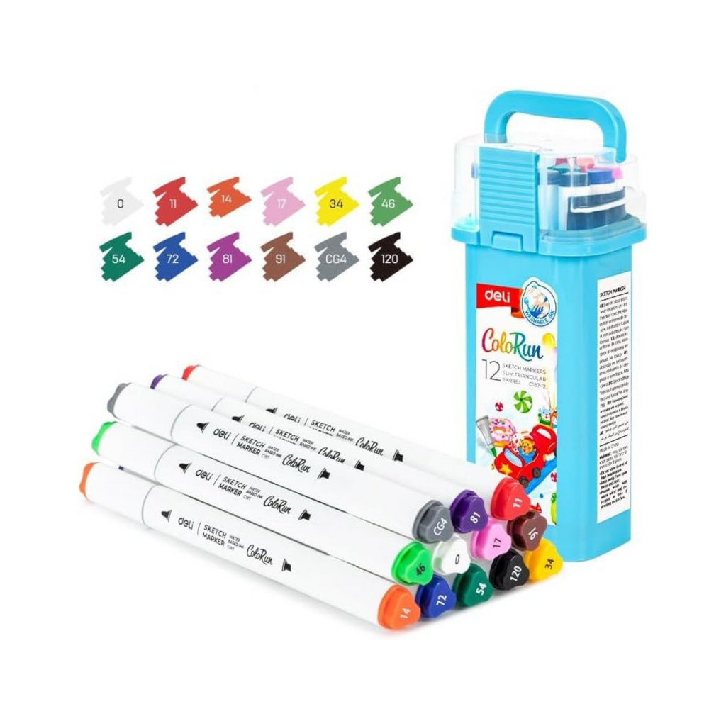 Elite Stationery House Deli ColoRun 12-piece sketch marker set with slim triangular barrels and double tips