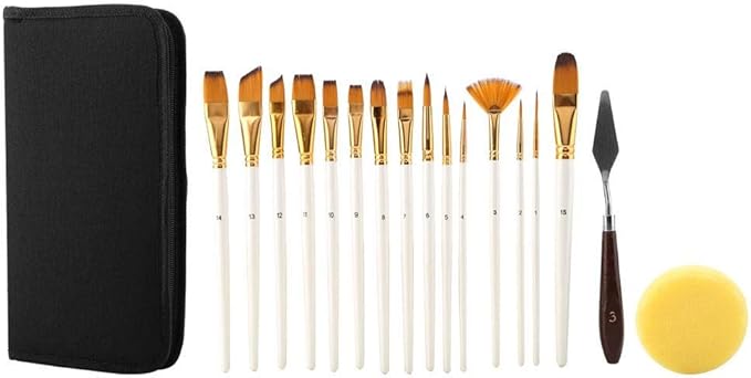 17Pcs Artist Paint Brush Set with Carrying Black Case Knife Sponge