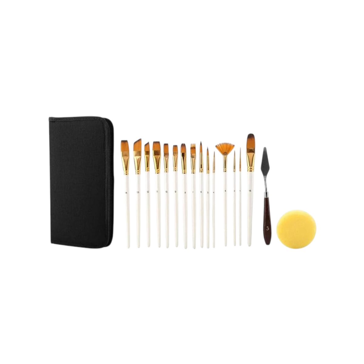 Elite Stationery House 17-piece artist paint brush set with white handles, black carrying case, palette knife, and sponge