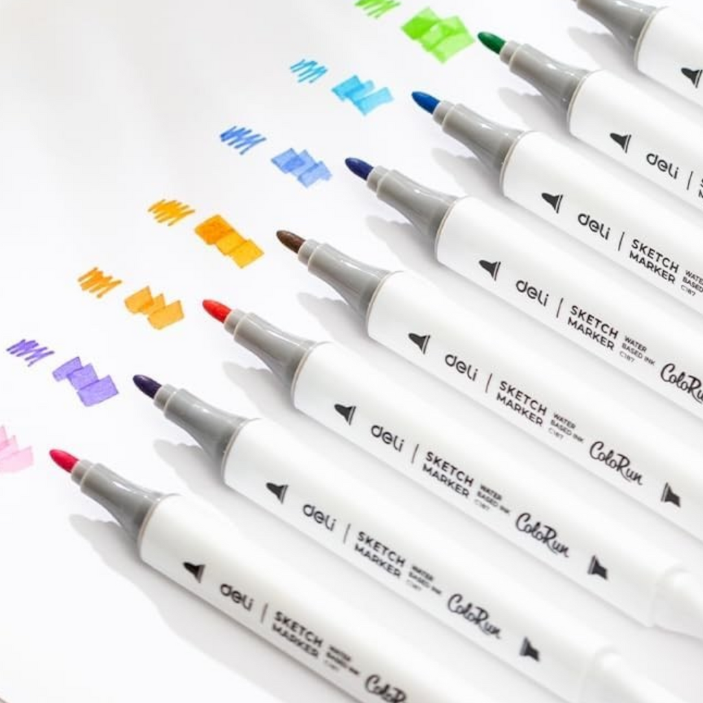 Elite Stationery House Deli double tip sketch markers with vibrant ink swatches on white paper