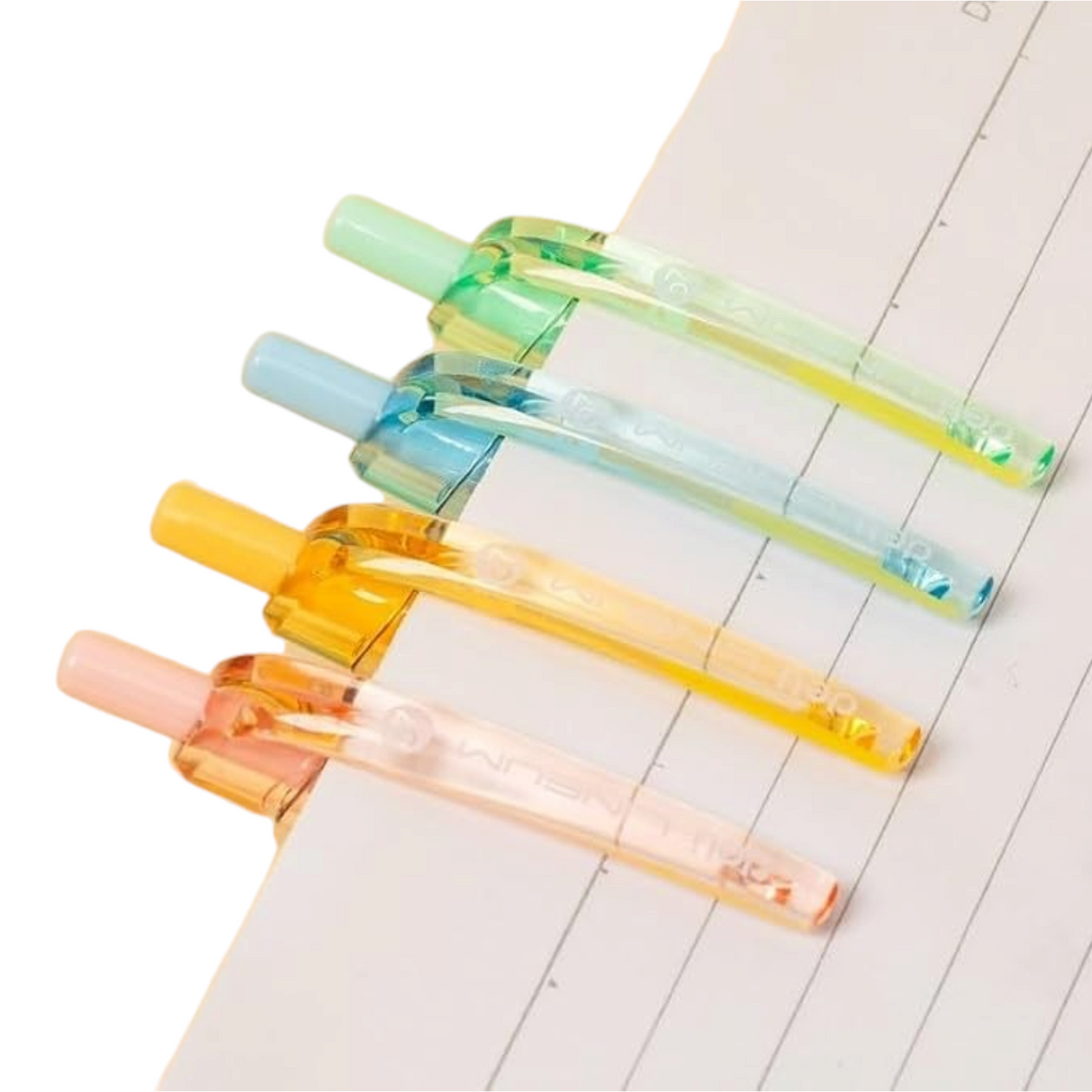 Elite Stationery House set of four colorful translucent ballpoint pen caps in green, blue, yellow, and orange.