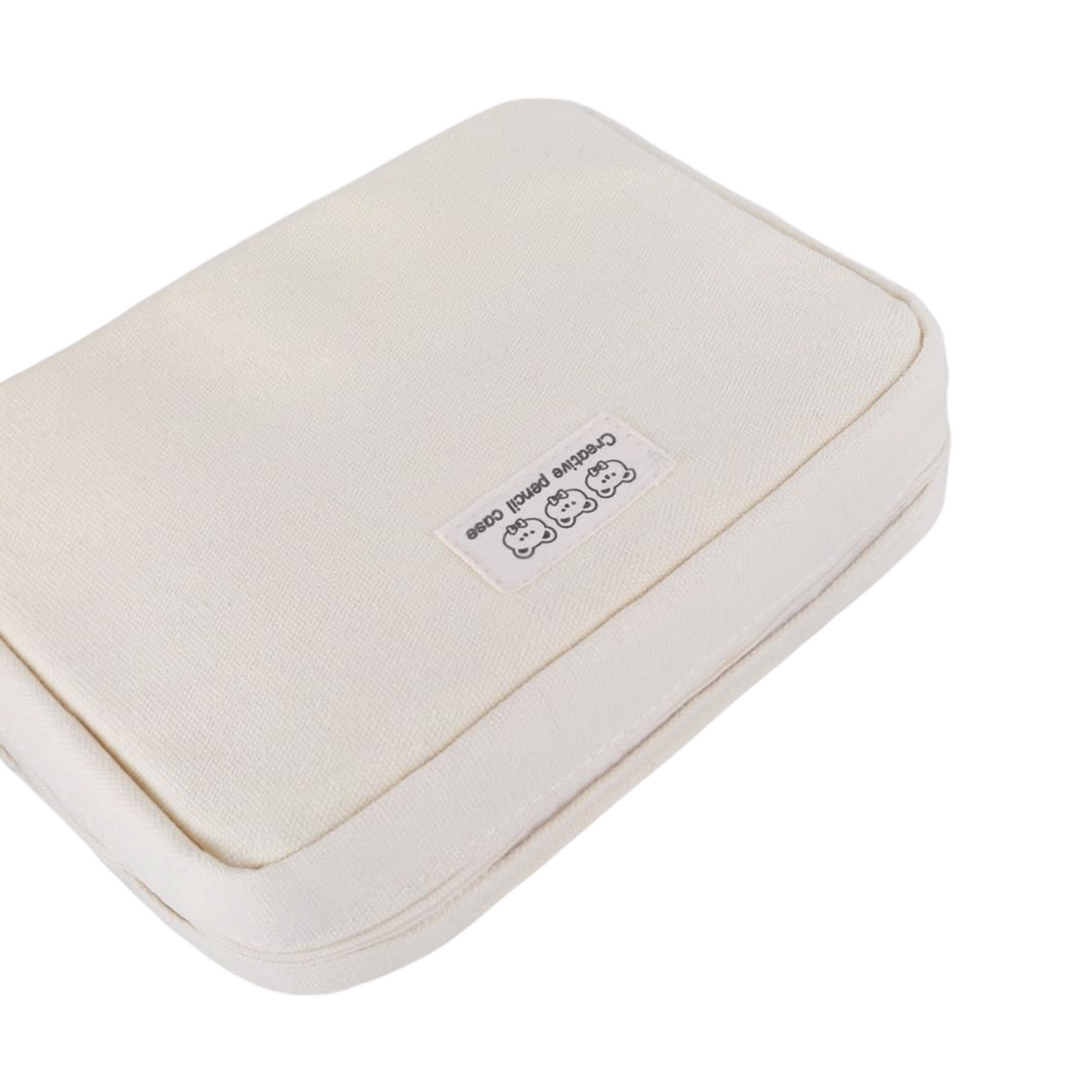 Elite Stationery House off-white wide opening pencil case with a cute bear label and matching white pen