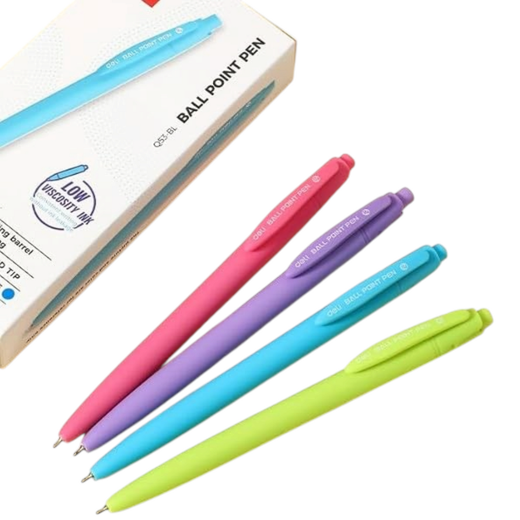 Elite Stationery House Deli Q53-BL ballpoint pens with vibrant multi-colored barrels and 0.7mm tips in a box