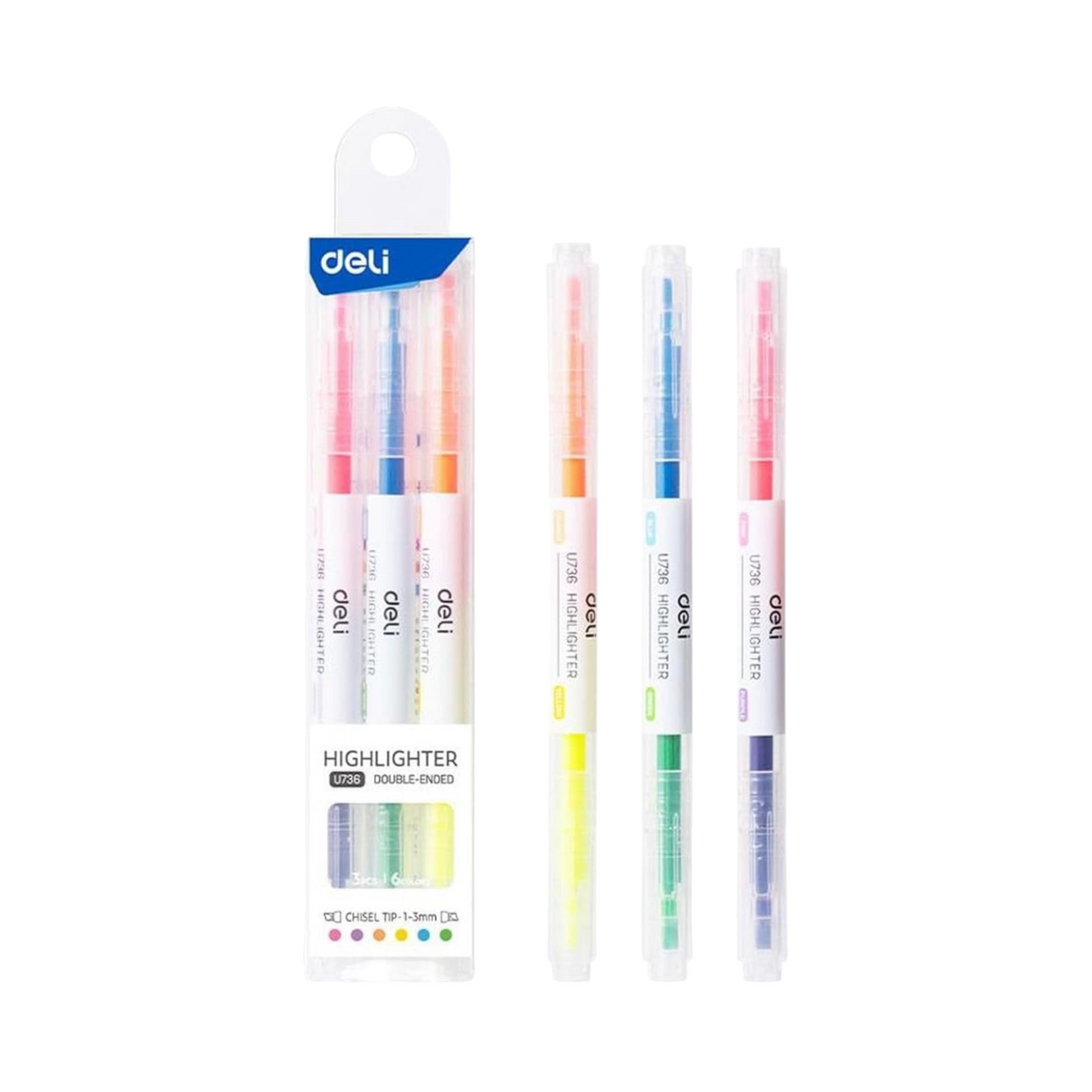Elite Stationery House Deli 3-piece double-ended highlighter set featuring 6 vibrant fluorescent ink colors