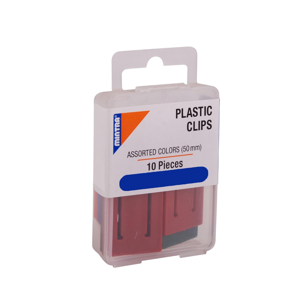 Elite Stationery House Mintra 50mm opaque plastic clips in assorted colors, pack of 10 in a clear storage box