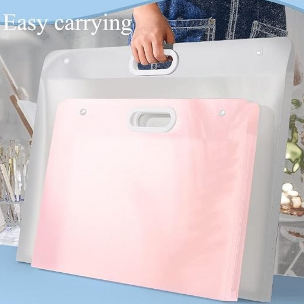 Elite Stationery House semitransparent plastic art portfolio case with handle for storing drawings and diamond art