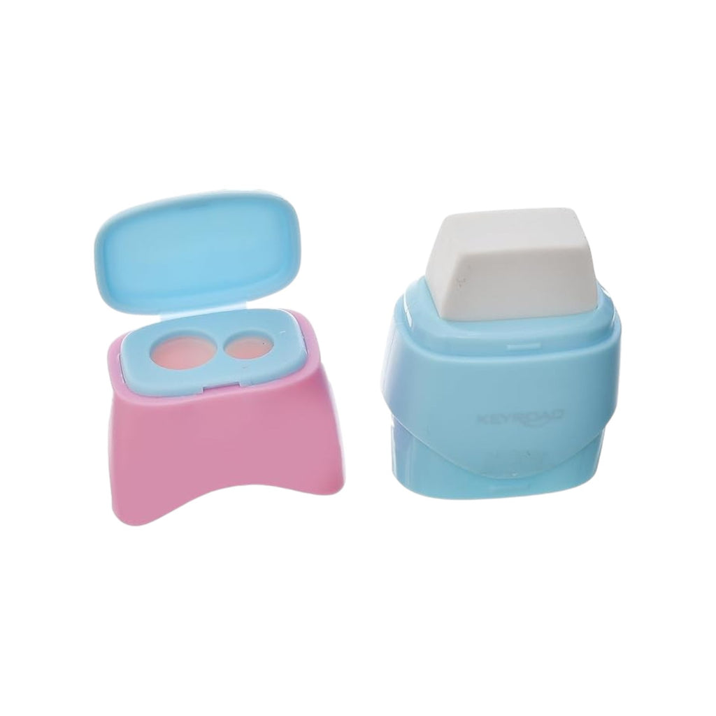 Keyroad Pastel Plastic Sharpener, 2 Holes, with Container and Eraser, Assorted Colors, Model KR972412
