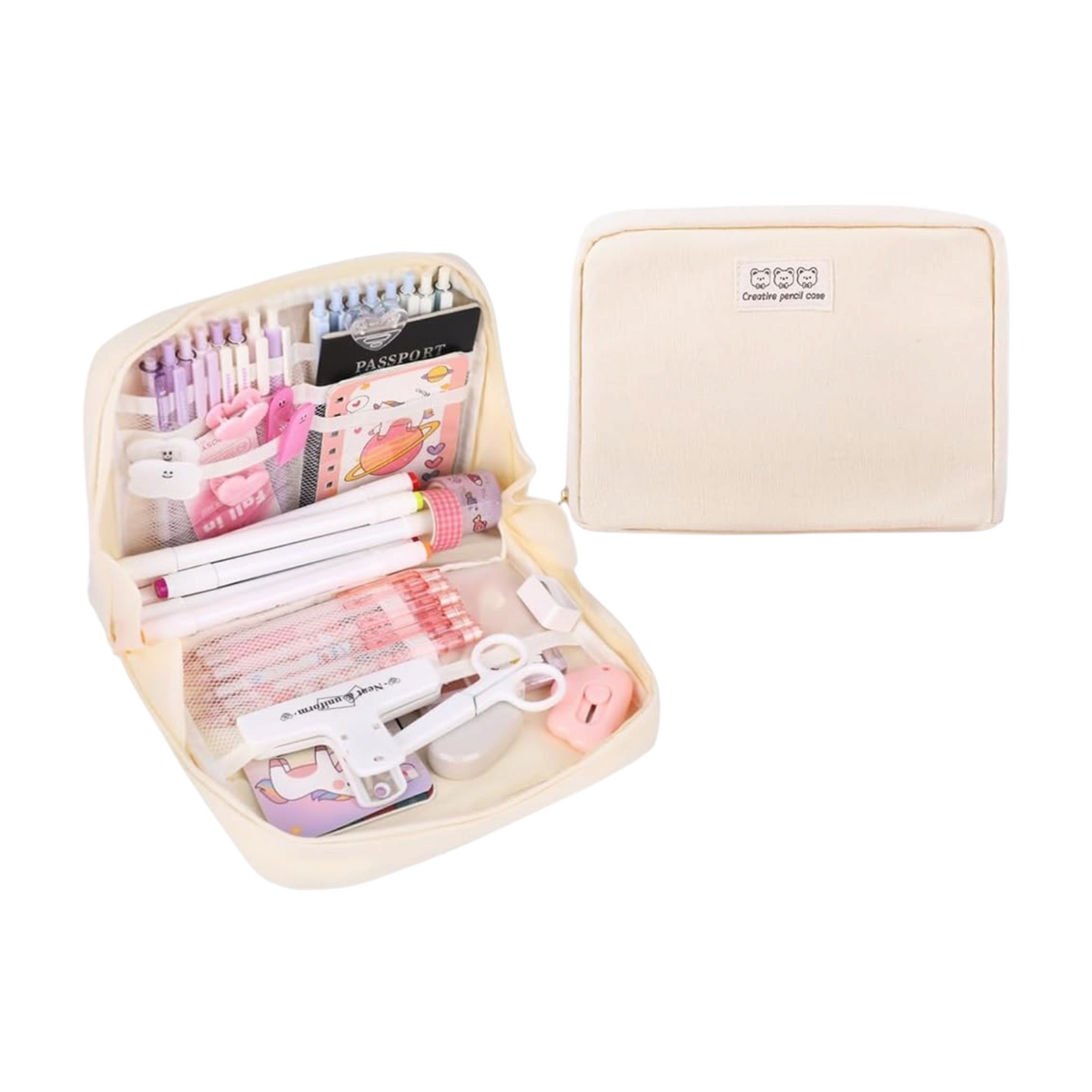 Elite Stationery House off-white wide opening pencil case with two side pockets and organized stationery supplies