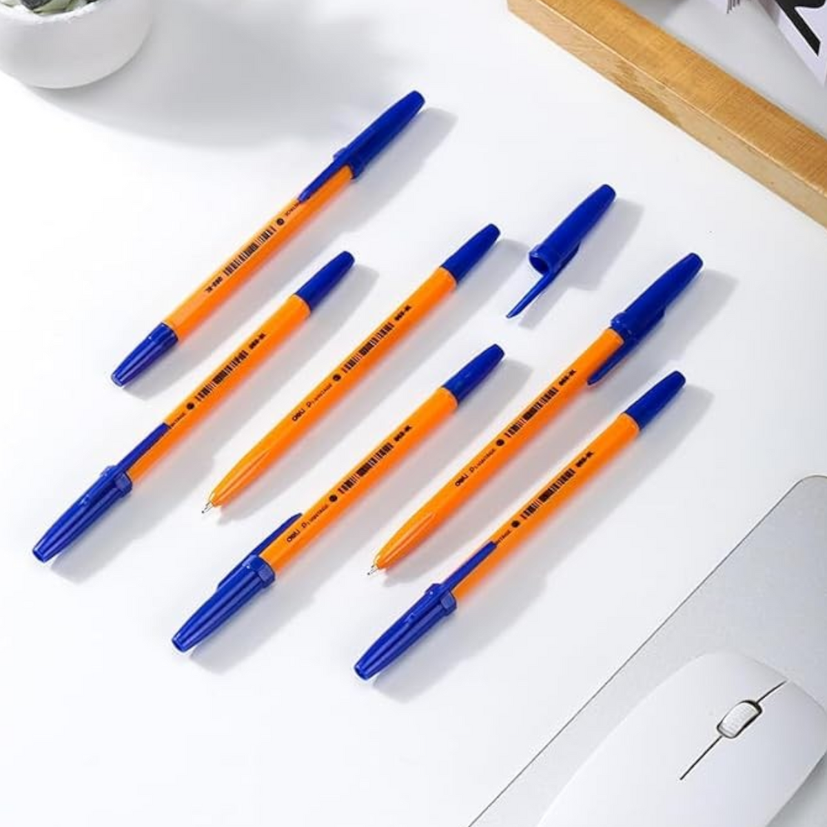 Elite Stationery House pack of five Deli ballpoint pens with yellow barrels, blue caps, and 0.7mm fine point tips.