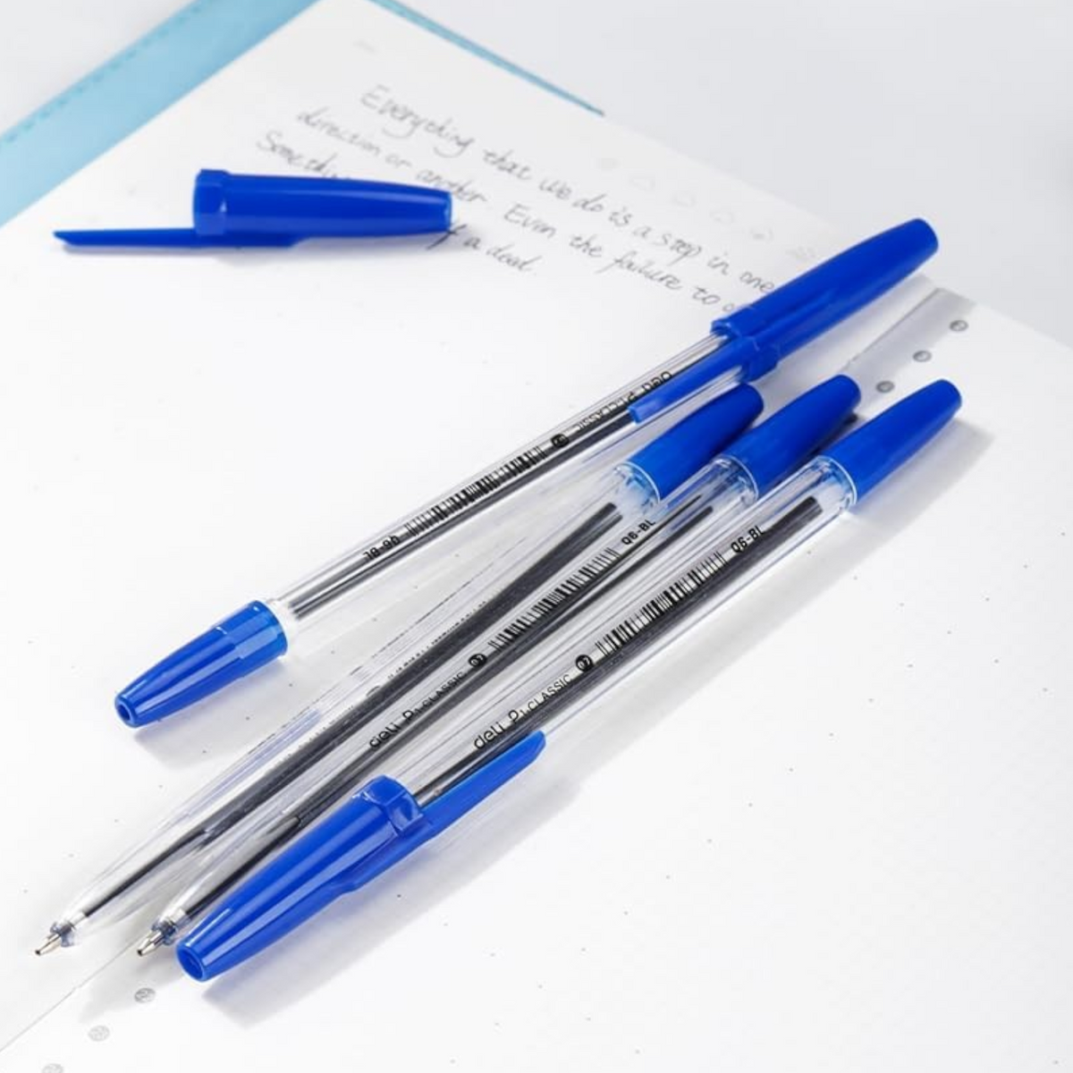 Elite Stationery House pack of blue Deli ball point pens with 0.7mm bullet tips for smooth writing on paper